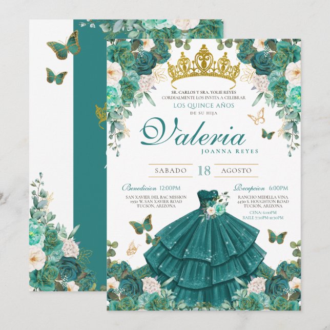 Teal Rose Elegant Princess Butterfly Quinceanera Invitation (Front/Back)