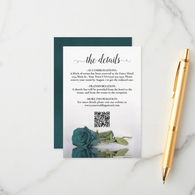 Teal Rose Elegant Wedding Details QR Code Enclosure Card (Front/Back In Situ)