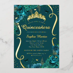 Teal Rose Floral Butterfly Tiara Quinceanera