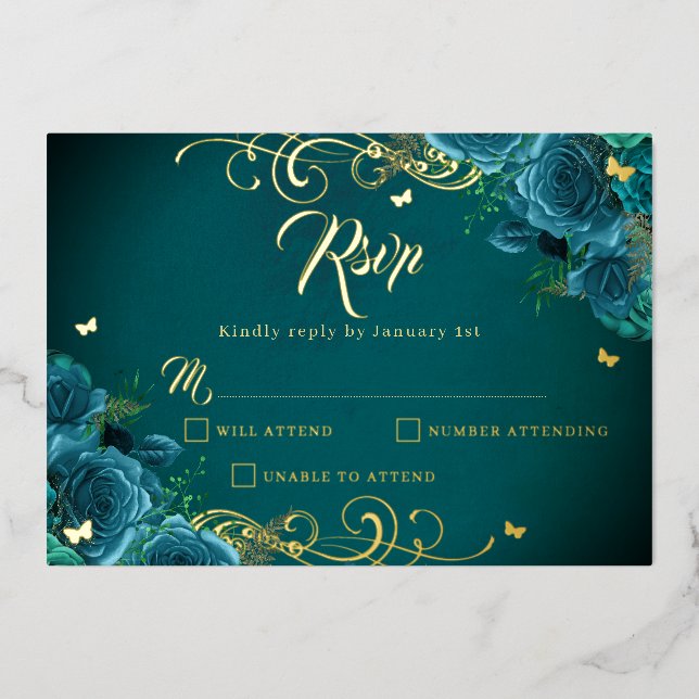 Teal Rose Floral Gold Swirl Gold Quinceanera  (Front)