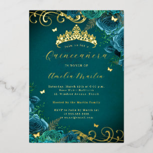 Teal Rose Floral Gold Swirl Quinceanera