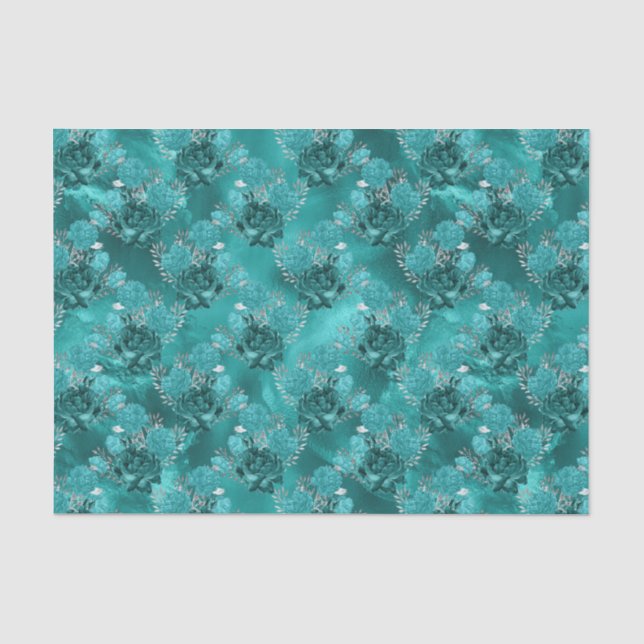 Teal rose floral tiled party pattern tissue paper (Front)