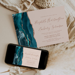 Teal Rose Gold Agate Blush Horizontal Wedding Invitation