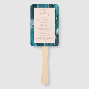 Teal Rose Gold Agate Blush Wedding Program Hand Fan