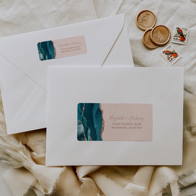 Teal Rose Gold Agate Blush Wedding Return Address (Creator Uploaded)