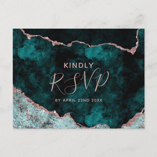 Teal & Rose Gold Agate Wedding Meal Choice RSVP Invitation Postcard (Front)