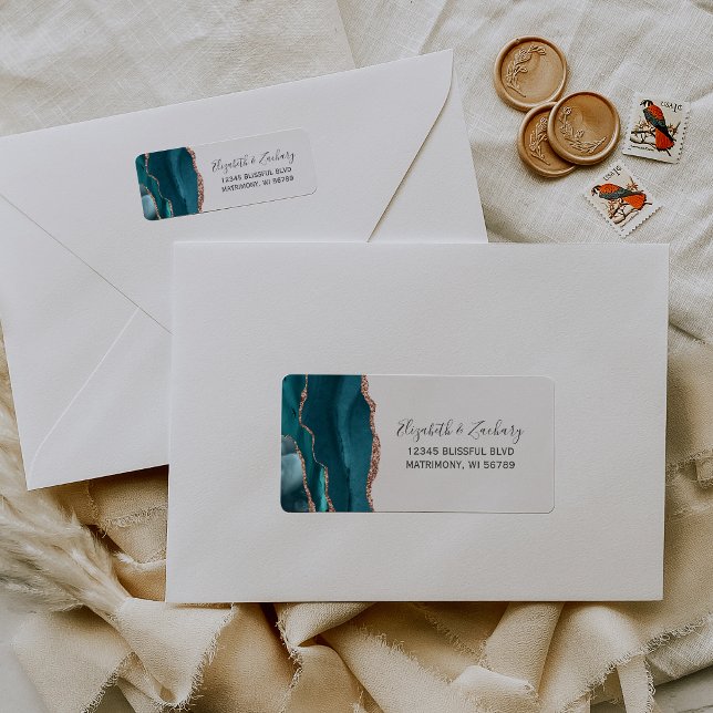 Teal Rose Gold Agate Wedding Return Address (Creator Uploaded)