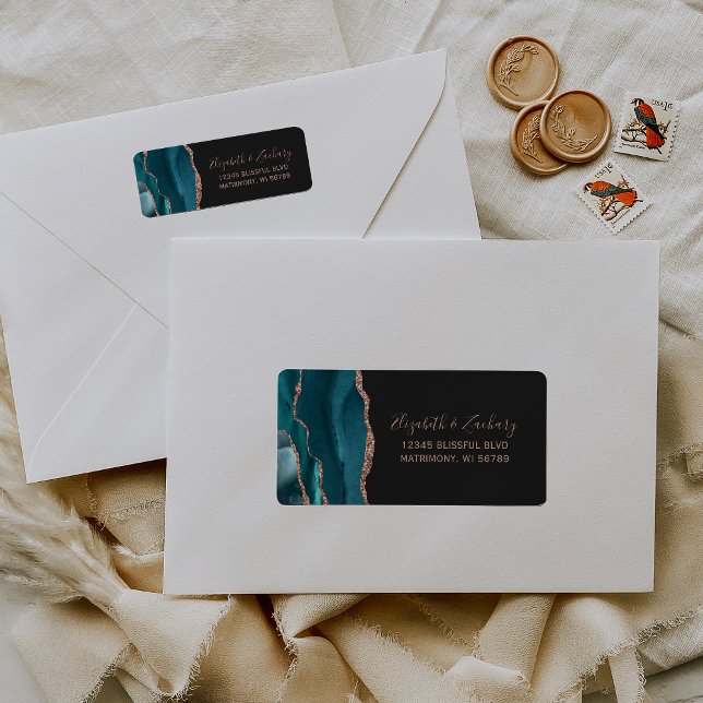 Teal Rose Gold Agate Wedding Return Address (Creator Uploaded)