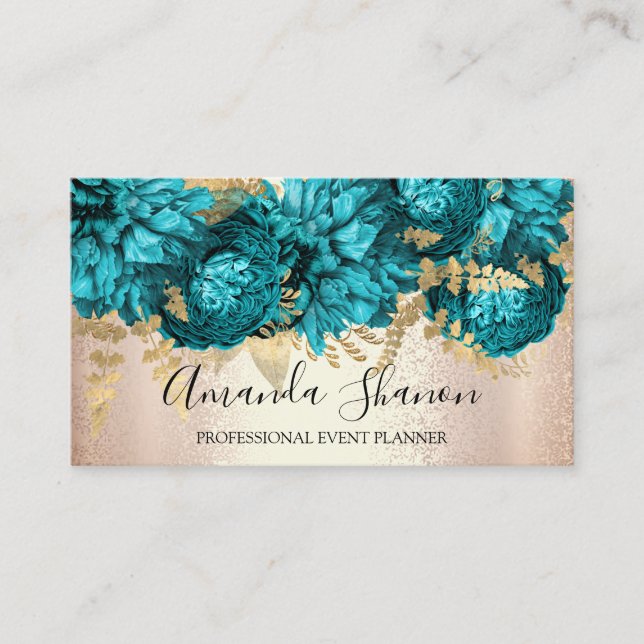 Teal Rose Gold Flowers Logo Event Planner QR Code  Business Card (Front)