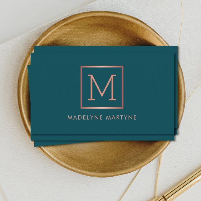 Teal Rose Gold Monogram Elegant Business Card (Creator Uploaded)