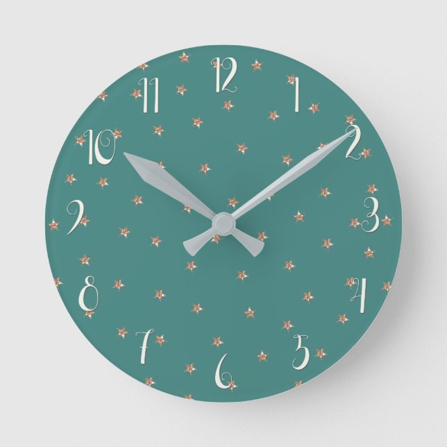 Teal & Rose Gold Pink Glittery Stars Starry  Round Clock (Front)