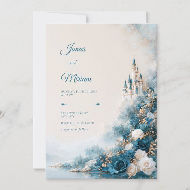 Teal Rose Lakeside Castle Romance Wedding Invitation (Front)