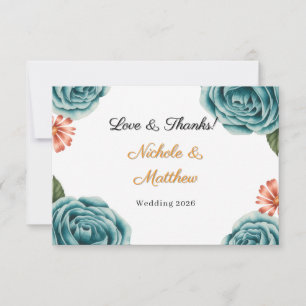 Teal Rose & Orange Daisy Wedding  Thank You Card