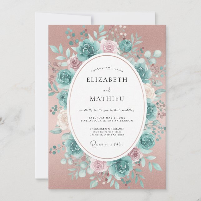 Teal Rose Romantic Flourish Wedding Invitation (Front)
