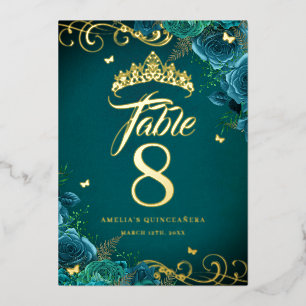 Teal Rose Swirl Quinceanera Gold Table Number 