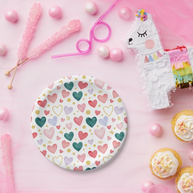 Teal & Rose Watercolor Romance Pattern Paper Plate (Party)