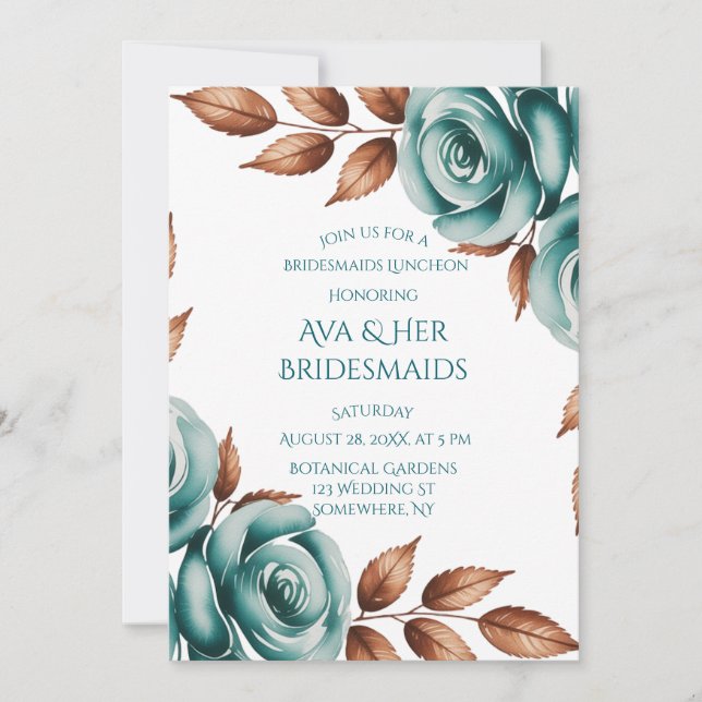 Teal Roses and Bronze Leaves Bridesmaids Luncheon Invitation (Front)