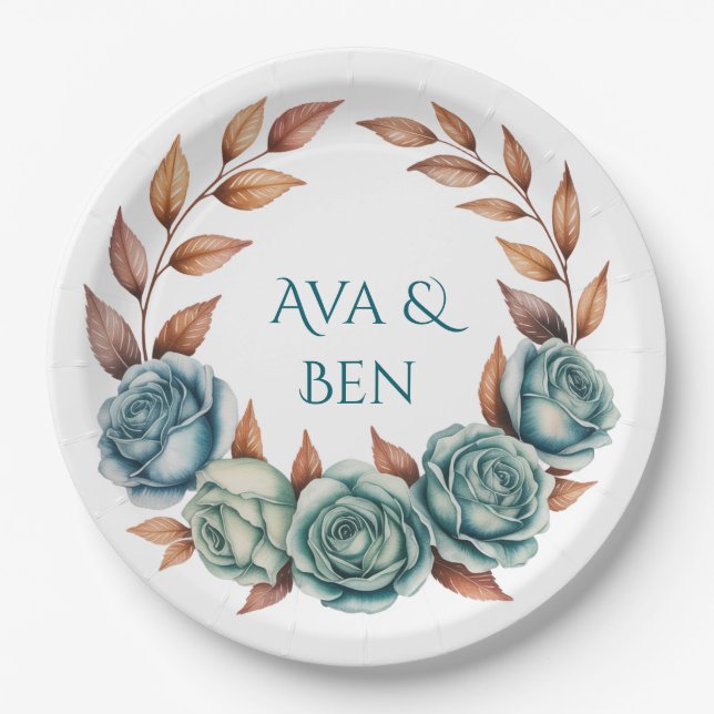 Teal Roses and Copper Leaves Wedding Paper Plate (Front)