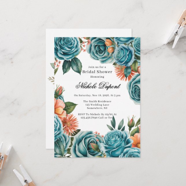 Teal Roses and Orange Floral Bridal Shower Invitation (Front/Back In Situ)