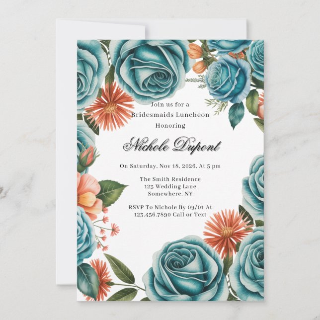 Teal Roses and Orange Floral Bridesmaids Luncheon Invitation (Front)