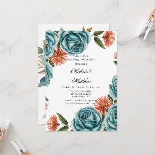 Teal Roses and Orange Floral Wedding Celebration  Invitation
