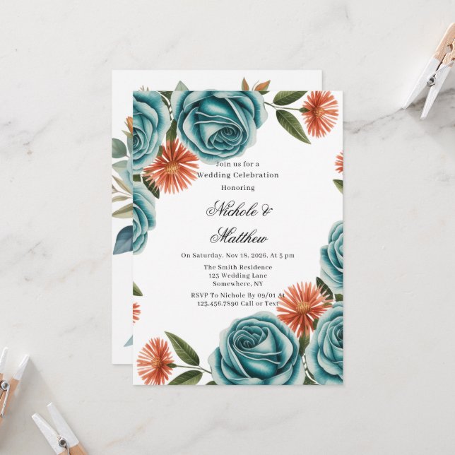 Teal Roses and Orange Floral Wedding Celebration  Invitation (Front/Back In Situ)