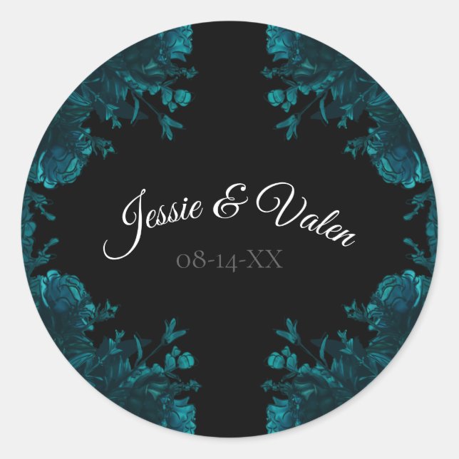 Teal Roses Black Gothic Wedding Classic Round Sticker (Front)