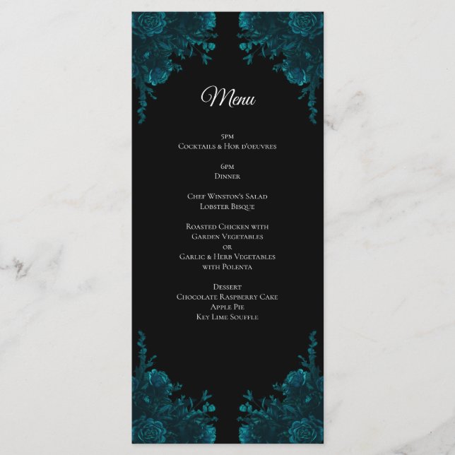 Teal Roses Black Gothic Wedding Menu (Front)