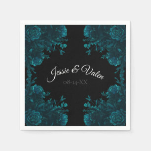 Teal Roses Black Gothic Wedding Napkin