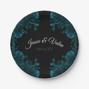 Teal Roses Black Gothic Wedding Paper Plate
