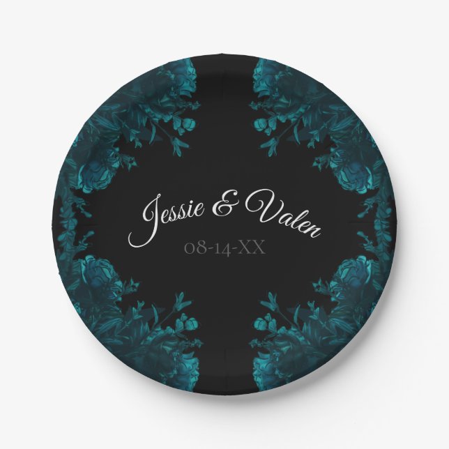 Teal Roses Black Gothic Wedding Paper Plate (Front)