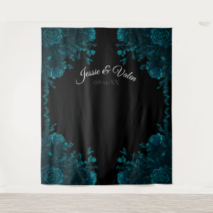 Teal Roses Black Gothic Wedding Photo Backdrop Tapestry