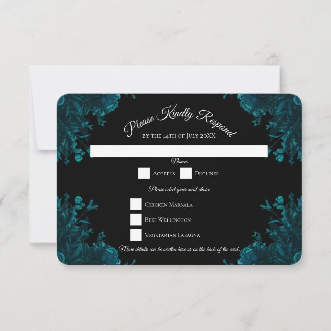 Teal Roses Black Gothic Wedding RSVP Reply Invitation (Front)