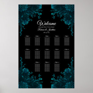 Teal Roses Black Gothic Wedding Seating Chart
