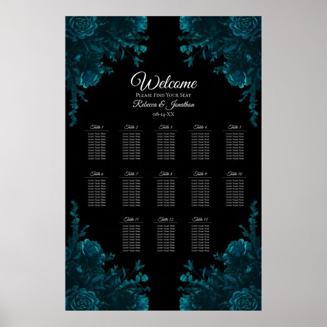 Teal Roses Black Gothic Wedding Seating Chart (Front)