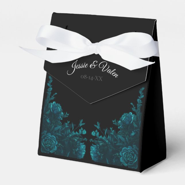 Teal Roses Black Gothic Wedding Tent Favour Box (Front Side)