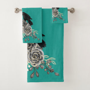 Teal Roses Crows Ravens Bath Towel Set