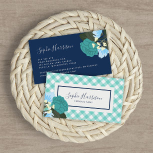 Teal Roses Floral and Mint Gingham Business Card