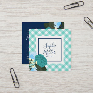 Teal Roses Floral and Mint Gingham Square Business Card