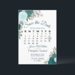 Teal Roses Floral Elegant Boho Wedding Calendar Save The Date<br><div class="desc">This wedding Save the Date card features a rustic boho chic floral design with script lettering and hand painted watercolor roses in shades of teal and turquoise. There is a customisable calendar where you can put a heart around your wedding date with space for the couple's name & wedding location....</div>