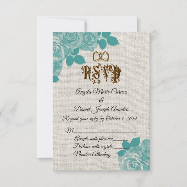 Teal roses on linen wedding RSVP Invitation (Front)