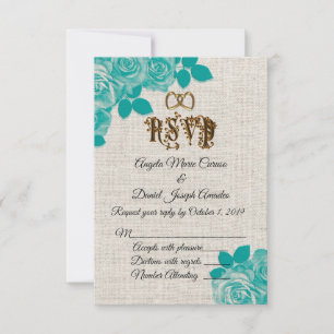 Teal roses on linen wedding RSVP Invitation