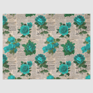 Teal Roses on Vintage Newsprint Decoupage Tissue Paper