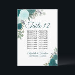 Teal Roses Wedding Seating Chart Table Card Large<br><div class="desc">These elegant wedding table cards feature a rustic boho chic design with hand painted watercolor roses in shades of teal,  turquoise,  and aqua.  The card includes a list of names so your guests will have an easy time finding the right table.</div>