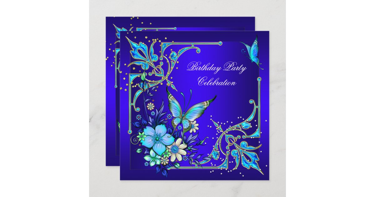 Teal Royal Blue Butterfly Birthday Party Invitation Zazzle