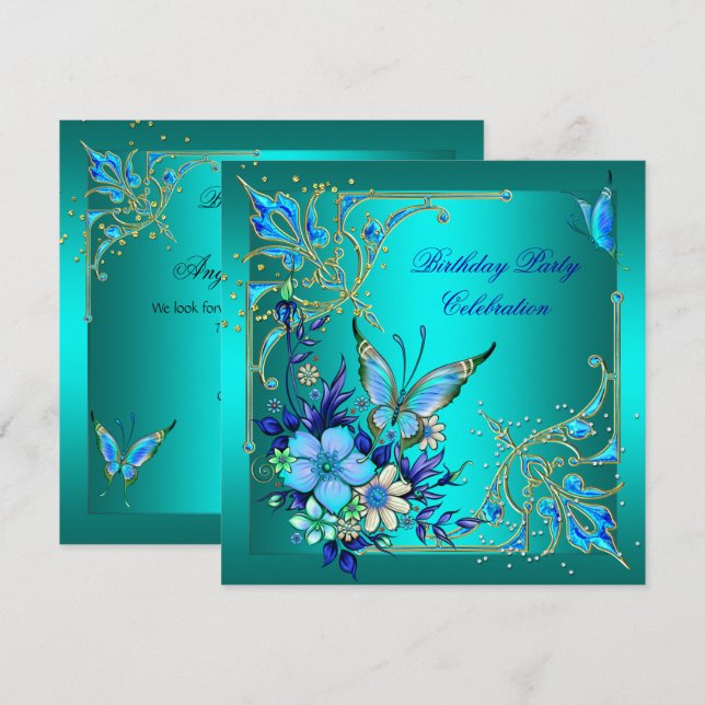 Teal Royal Blue Butterfly Birthday Party Invitation (Front/Back)