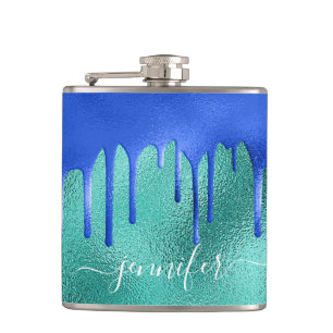 Teal royal blue green drips metallic name  hip flask
