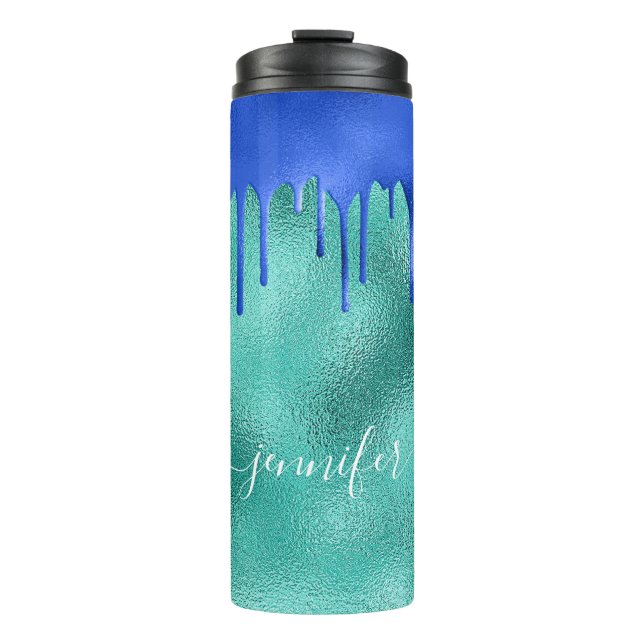 Teal royal blue green drips name thermal tumbler (Front)