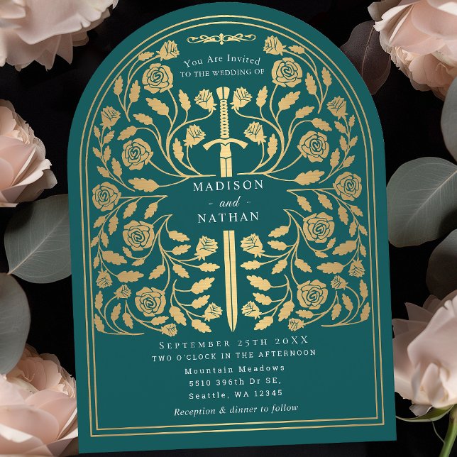 Teal Royal Mediaeval Gold Sword Wedding Arch Invitation (Creator Uploaded)