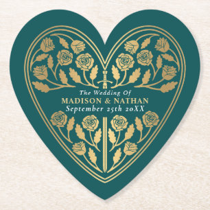 Teal Royal Mediaeval Gold Sword Wedding Paper Coaster
